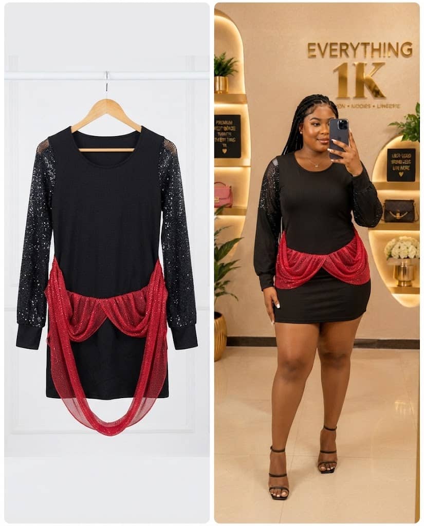 Black Long-Sleeve Sequin-Accent Dress With Red Draping