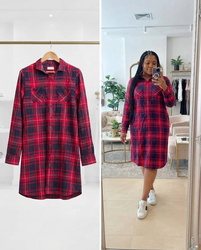 Red And Navy Plaid Long-Sleeve Shirt Dress