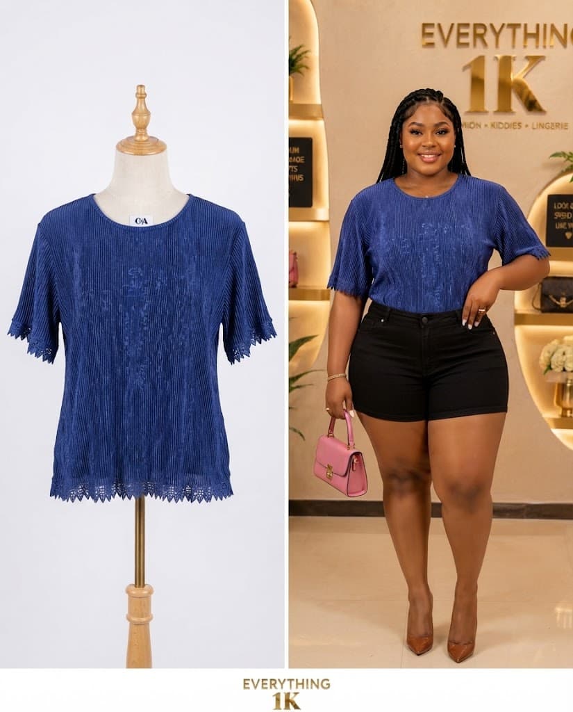 Blue Casual Textured Lace-Trim Blouse