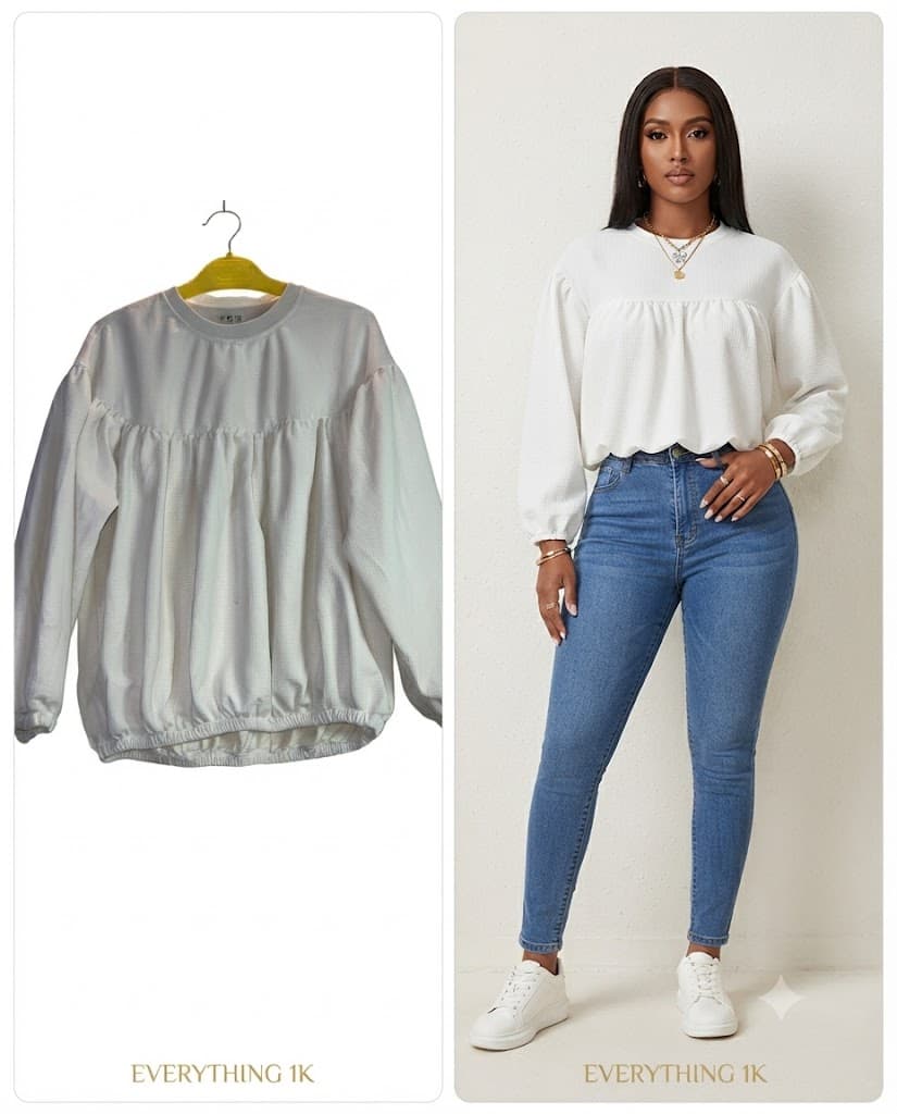 White Long-Sleeve Babydoll Blouse