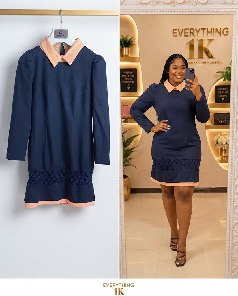 Navy Blue Long-Sleeve Mini Dress with Peach Collar and Hem