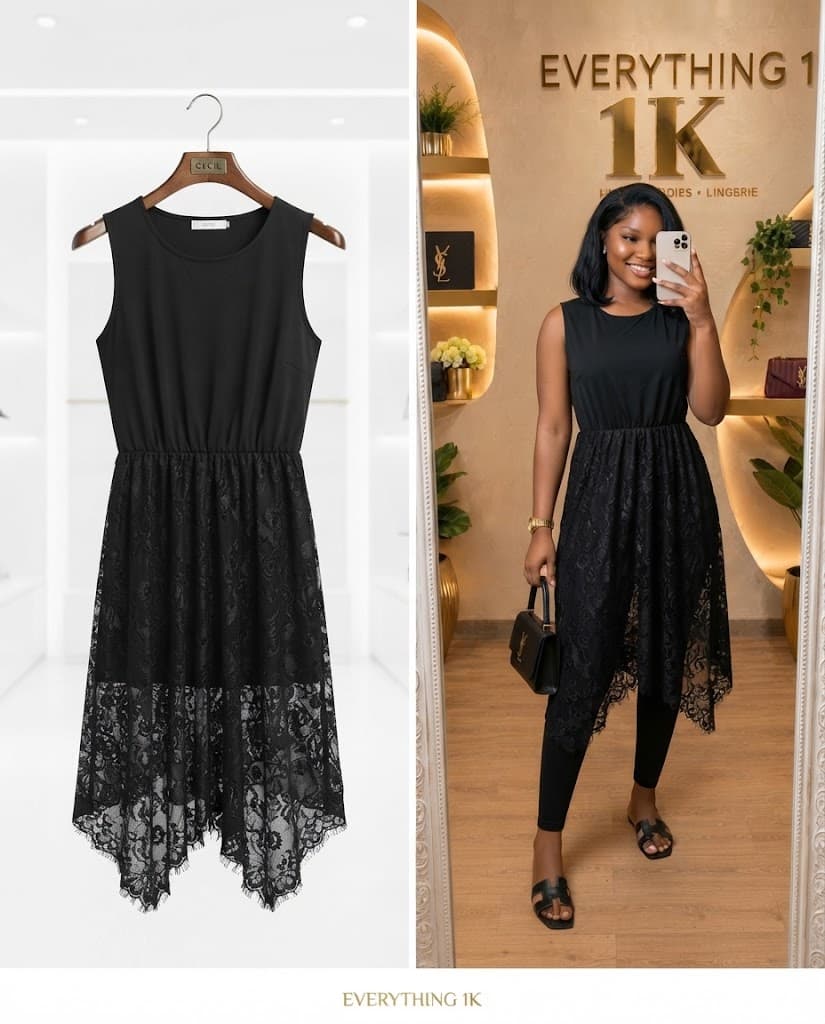 Black Party Sleeveless Lace-Hem Midi Dress