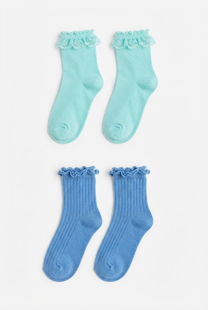 Kids Mint Lace-Trim and Blue Ribbed Ruffle Crew Socks (2-Pack)