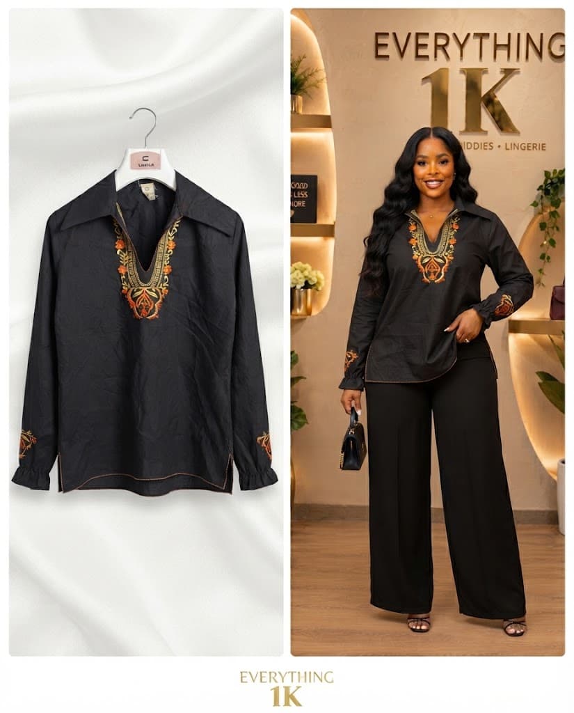 Corporate/Casual Black Long-Sleeve Embroidered V-Neck Tunic