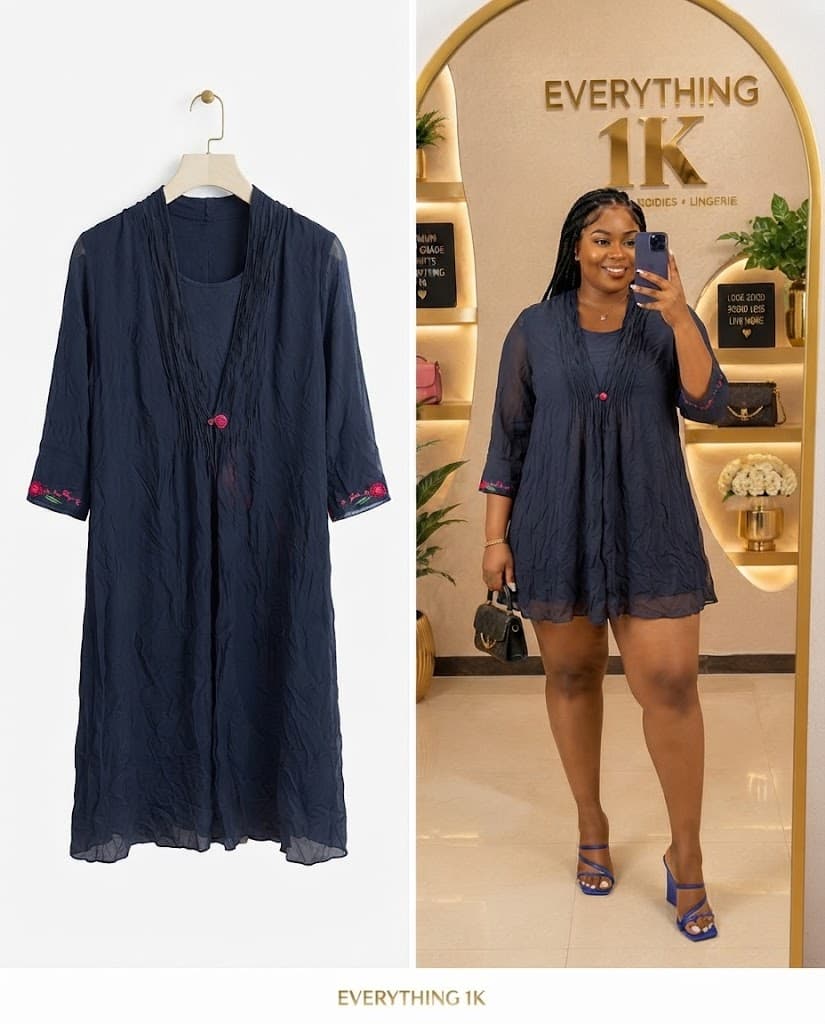 Navy Blue Gathered Tunic Dress with Floral Cuffs