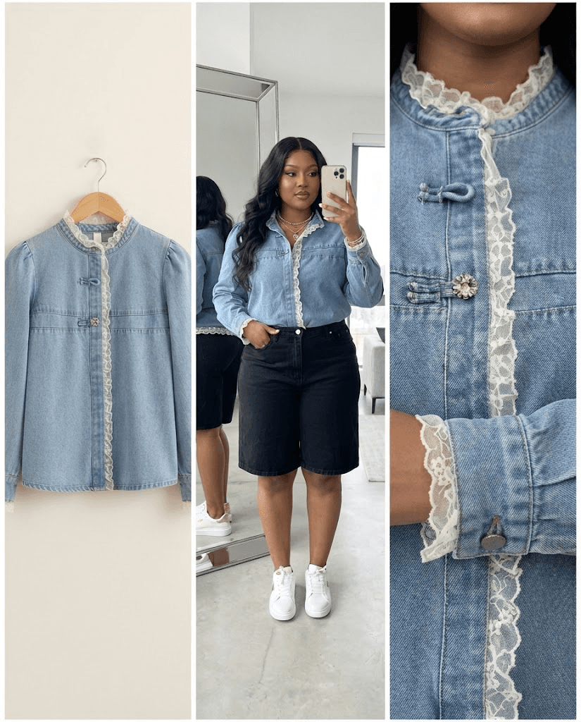 Lace-Trimmed Mandarin Collar Denim Top (Regular Fit, Size 12/14)