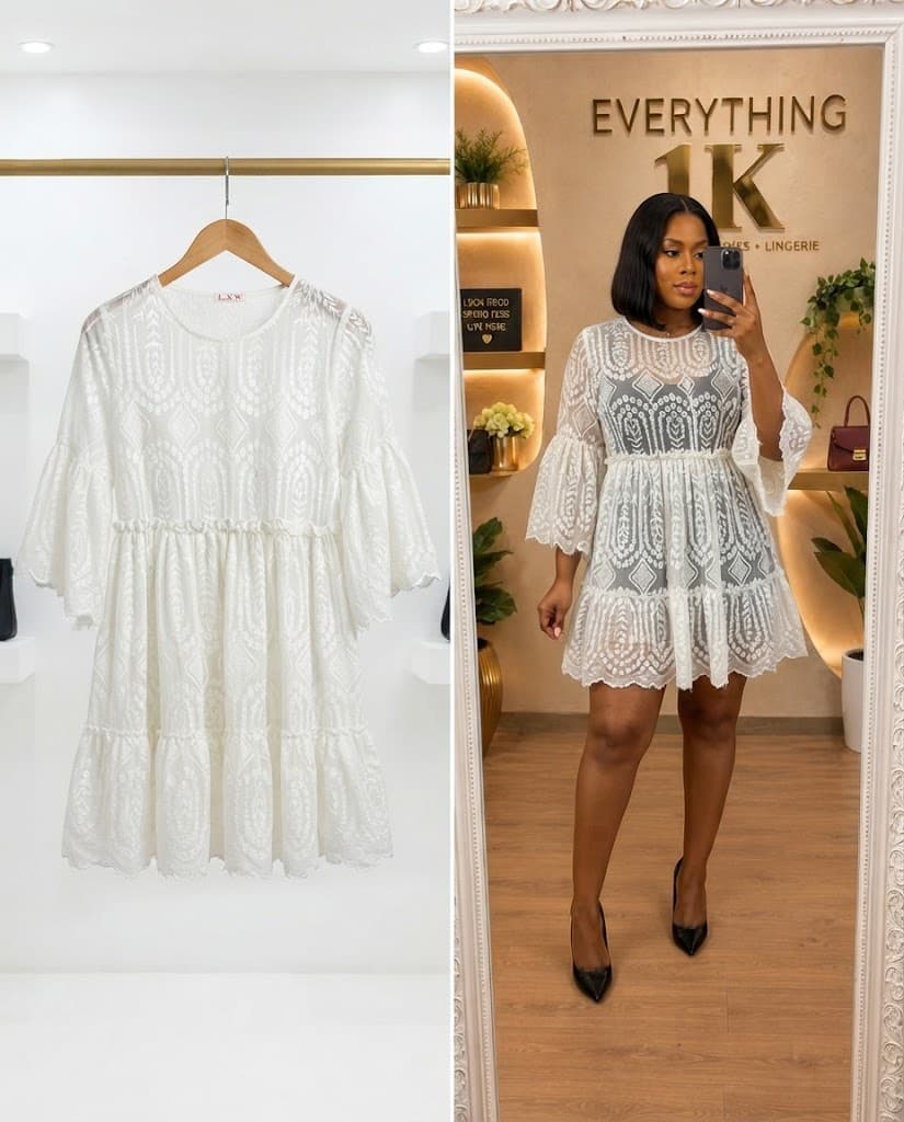 White Patterned Sheer Tiered Dress