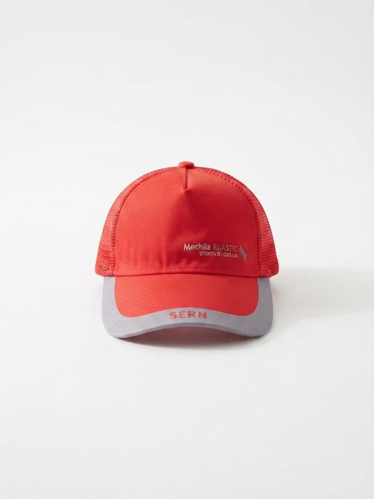 Kids Red Mesh Trucker Cap with Grey Brim and Sern Lettering