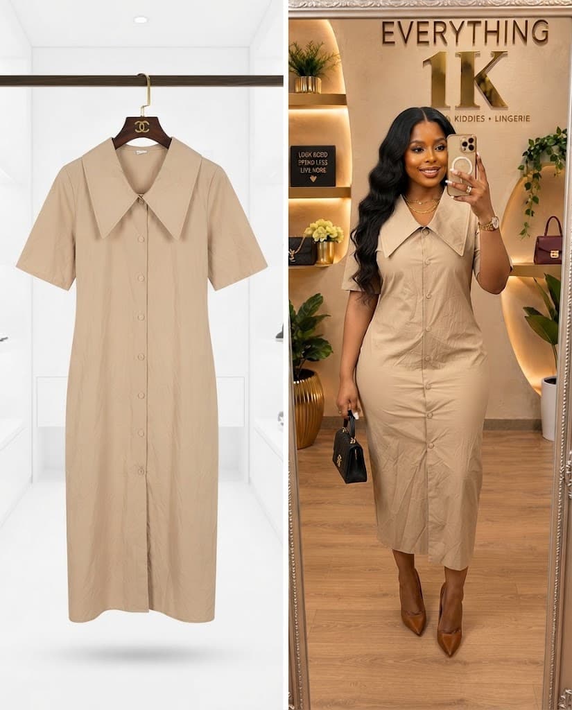 Beige Collared Button-Down Corporate Midi Dress