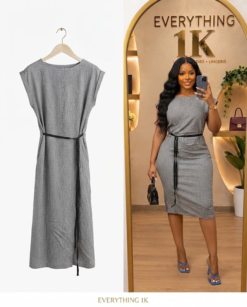 Gray Textured Midi Dress with Black Tie Belt