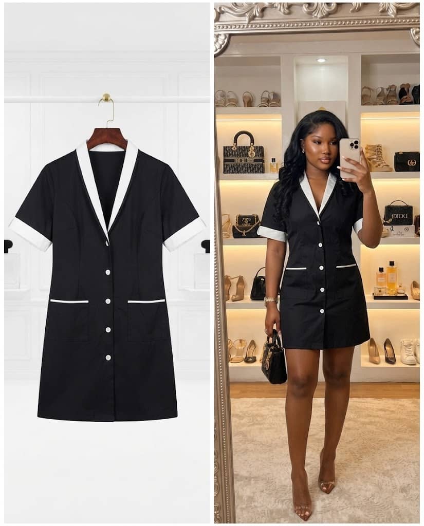 Black Short-Sleeve Dress with Contrast White Shawl Collar