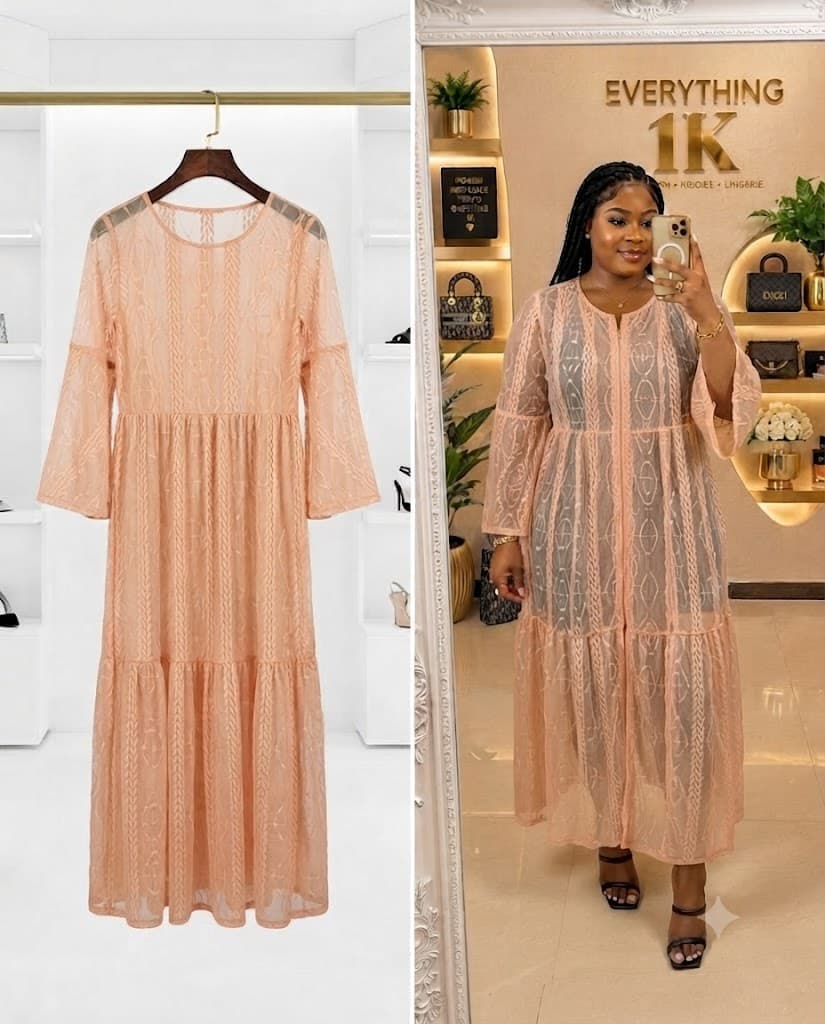 Peach Sheer Textured Tiered Maxi Dress