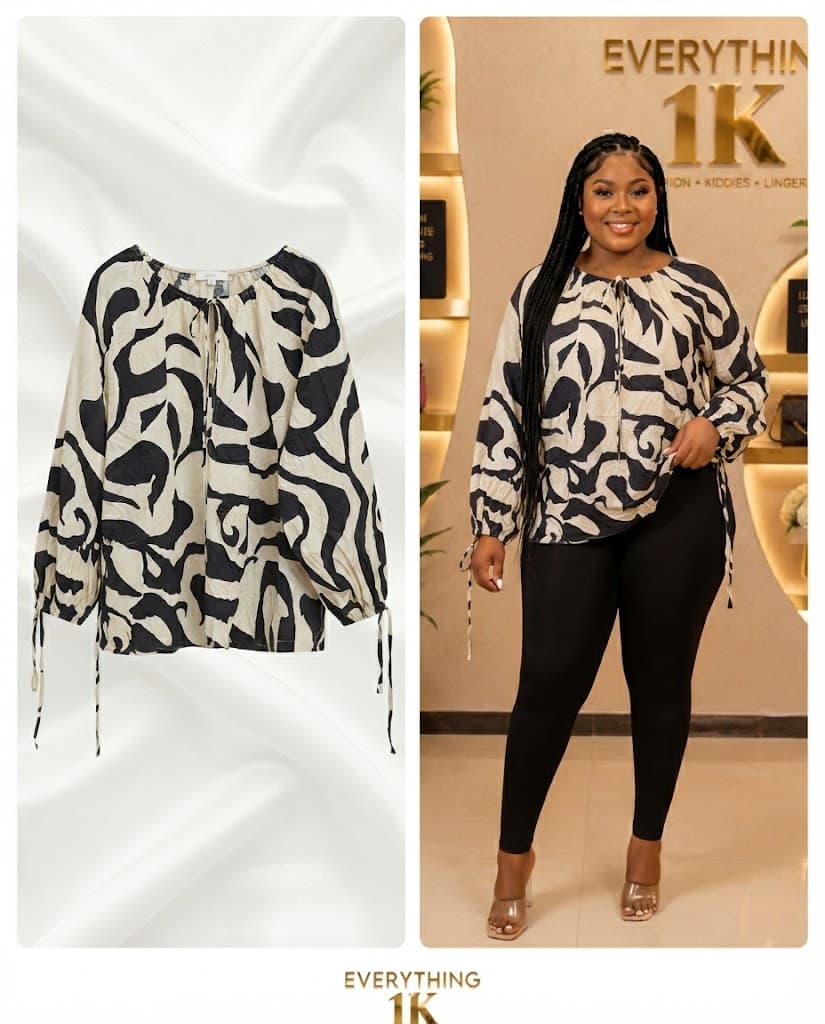Casual Beige and Black Abstract Swirl Long-Sleeve Blouse