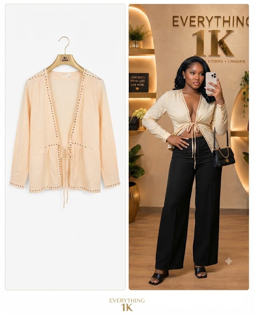 Casual Peach Studded Open-Front Tie jacket