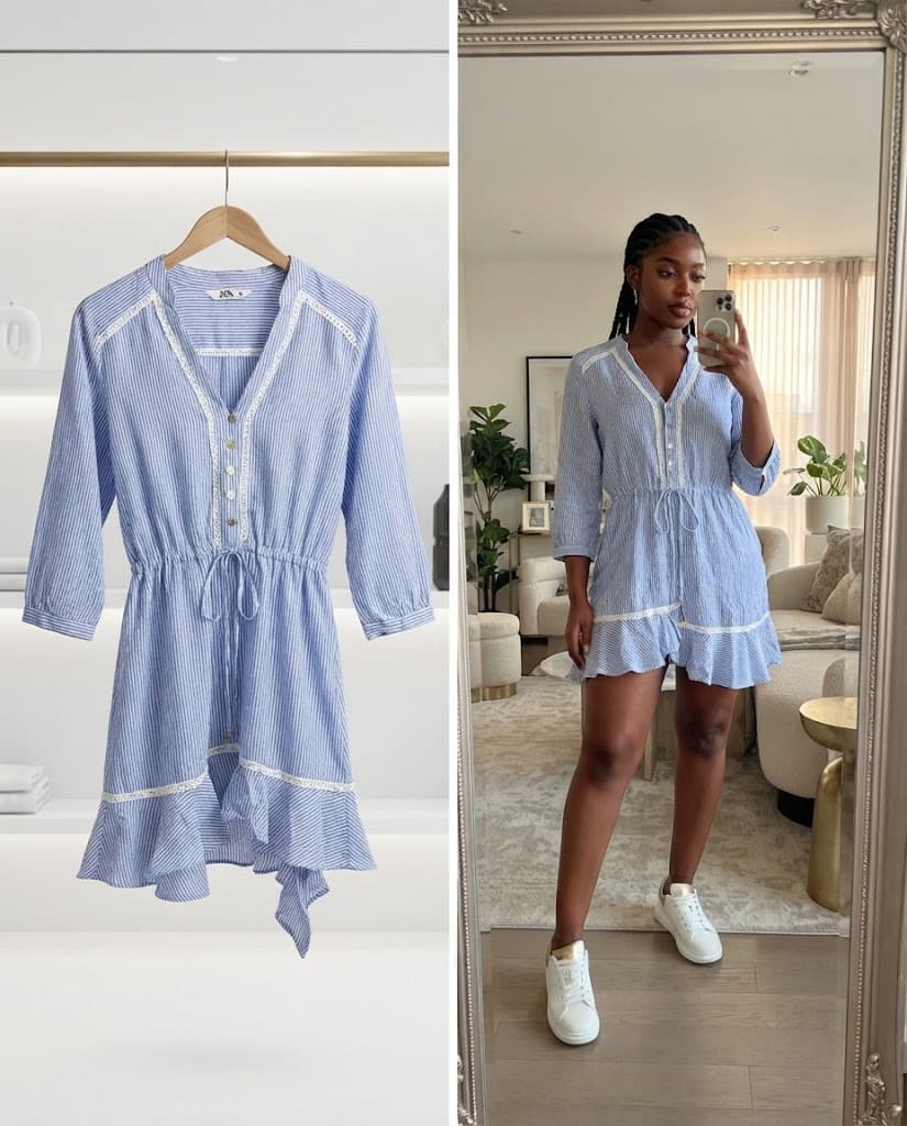 Blue and White Striped Drawstring Ruffle Dress
