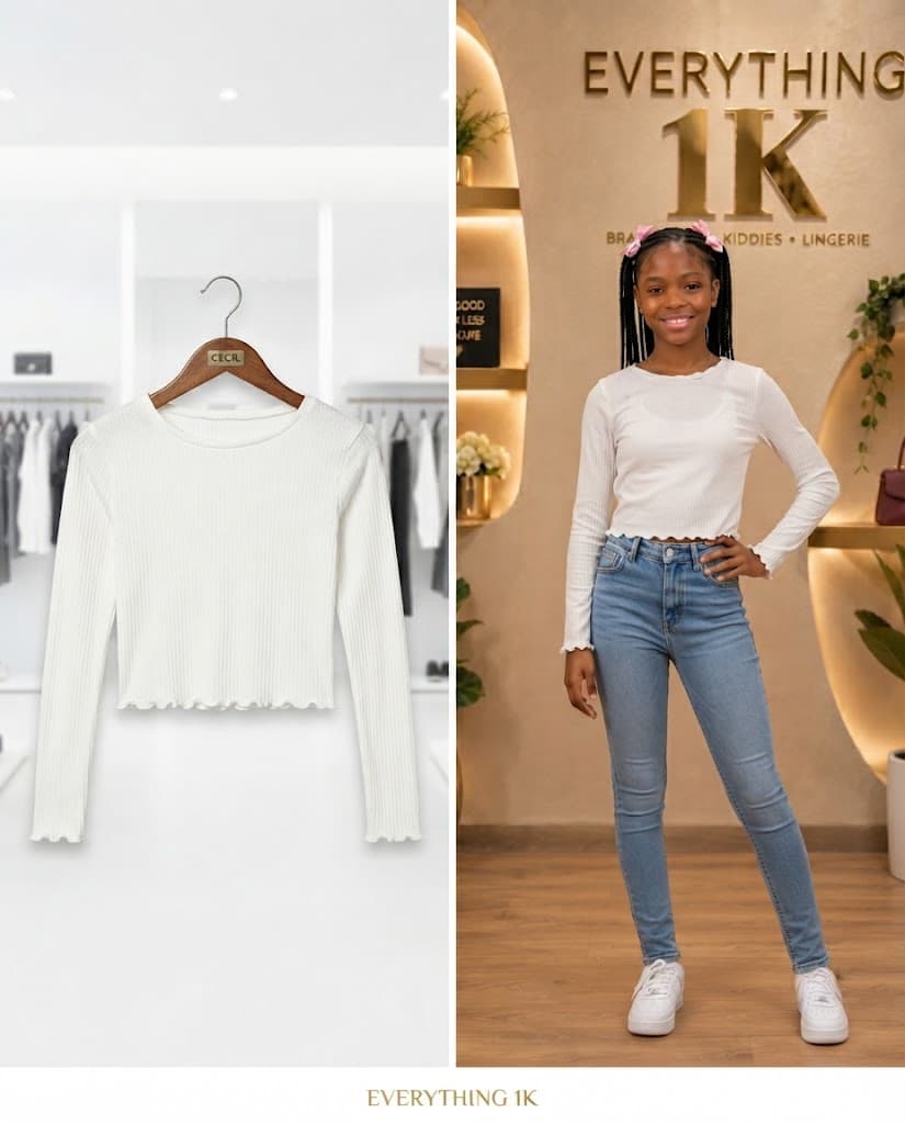White Lettuce-Trim Long-Sleeve Top (Ages 8-9)