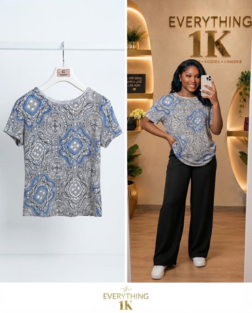 Casual Grey and Blue Patterned T-Shirt