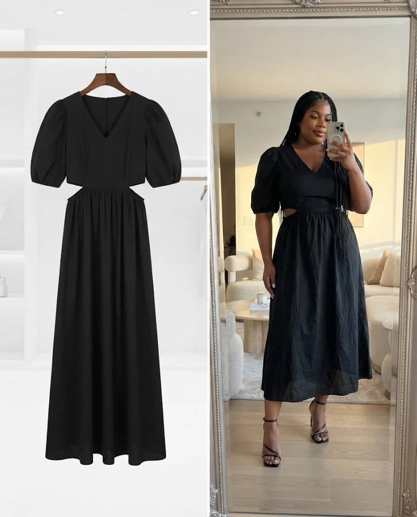 Black Short-Sleeve V-Neck Cutout Midi Dress