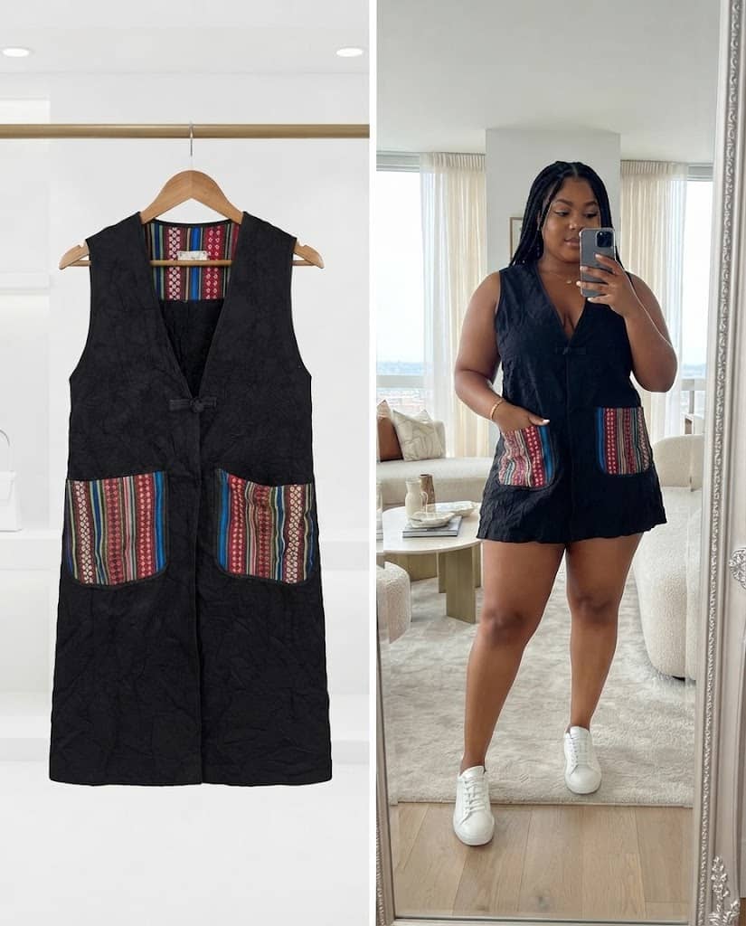 Black Sleeveless Quilted Long Vest jacket With Ethnic Print Pockets