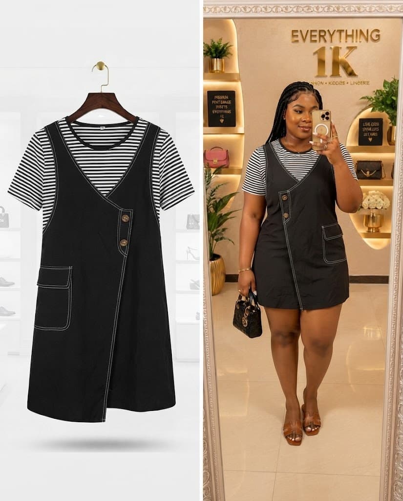Black Overall Mini Dress with Casual Striped Top