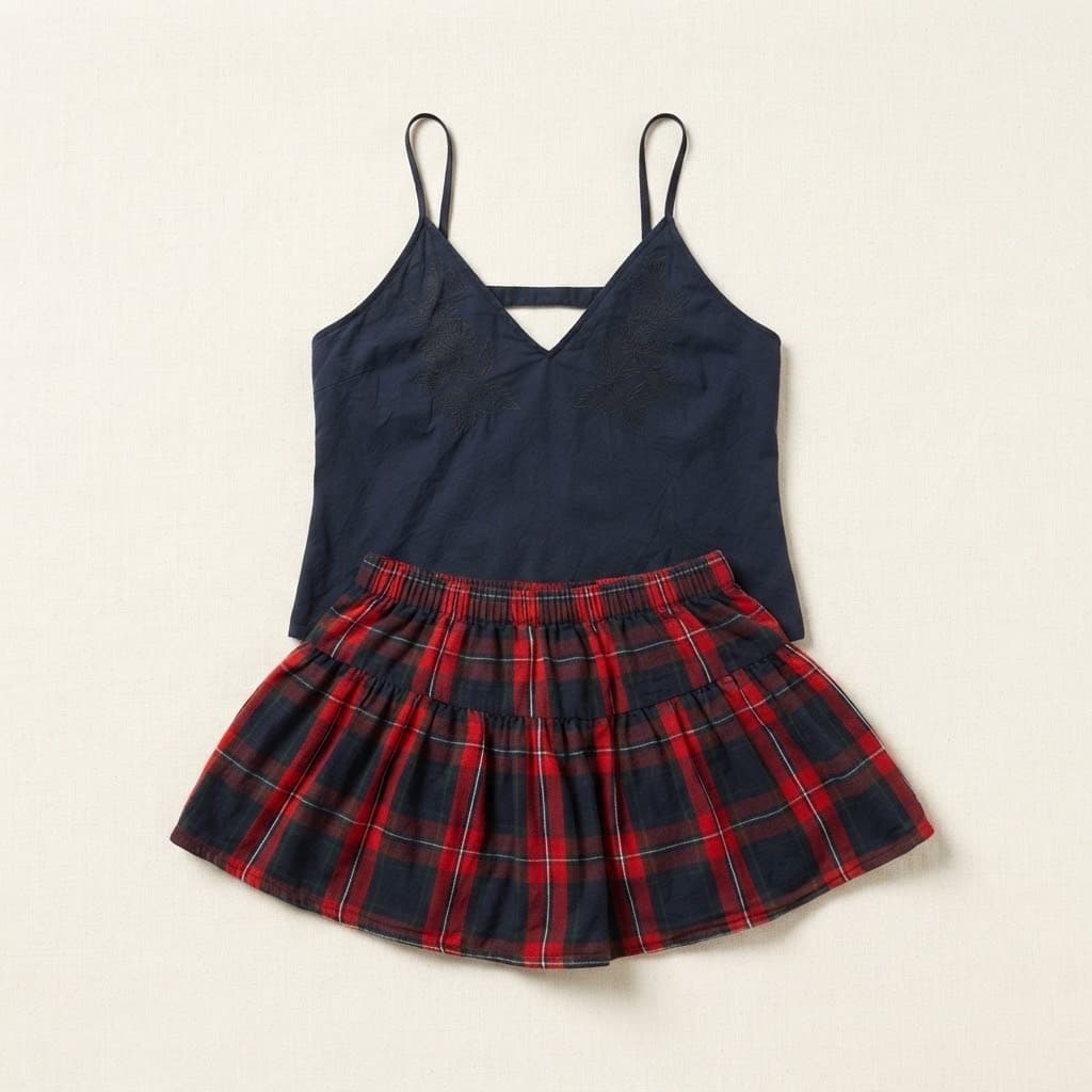 Navy Blue Floral Cami & Tartan Plaid Short Set