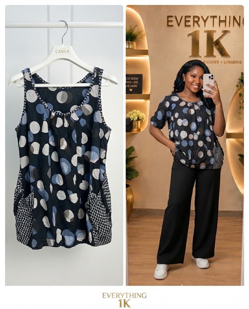 Casual Blue and Black Polka Dot Tunic Top
