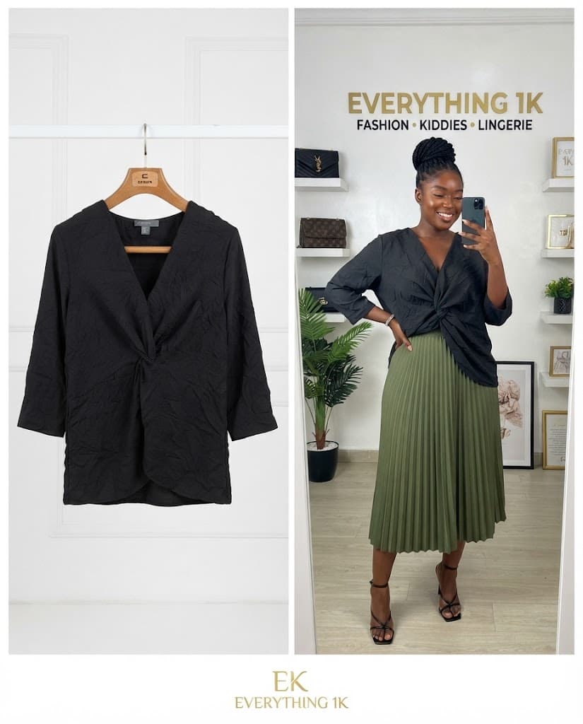 Casual Black Crinkled Twist-Front V-Neck Blouse