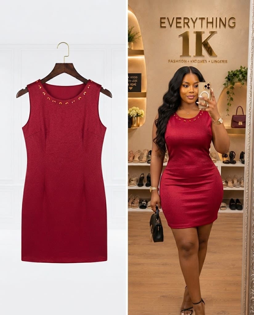Ruby Red Sleeveless Mini Dress with Studded Neckline