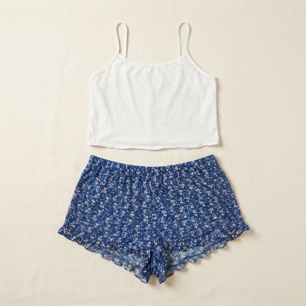 White Cami & Blue Floral Ruffle Shorts Set