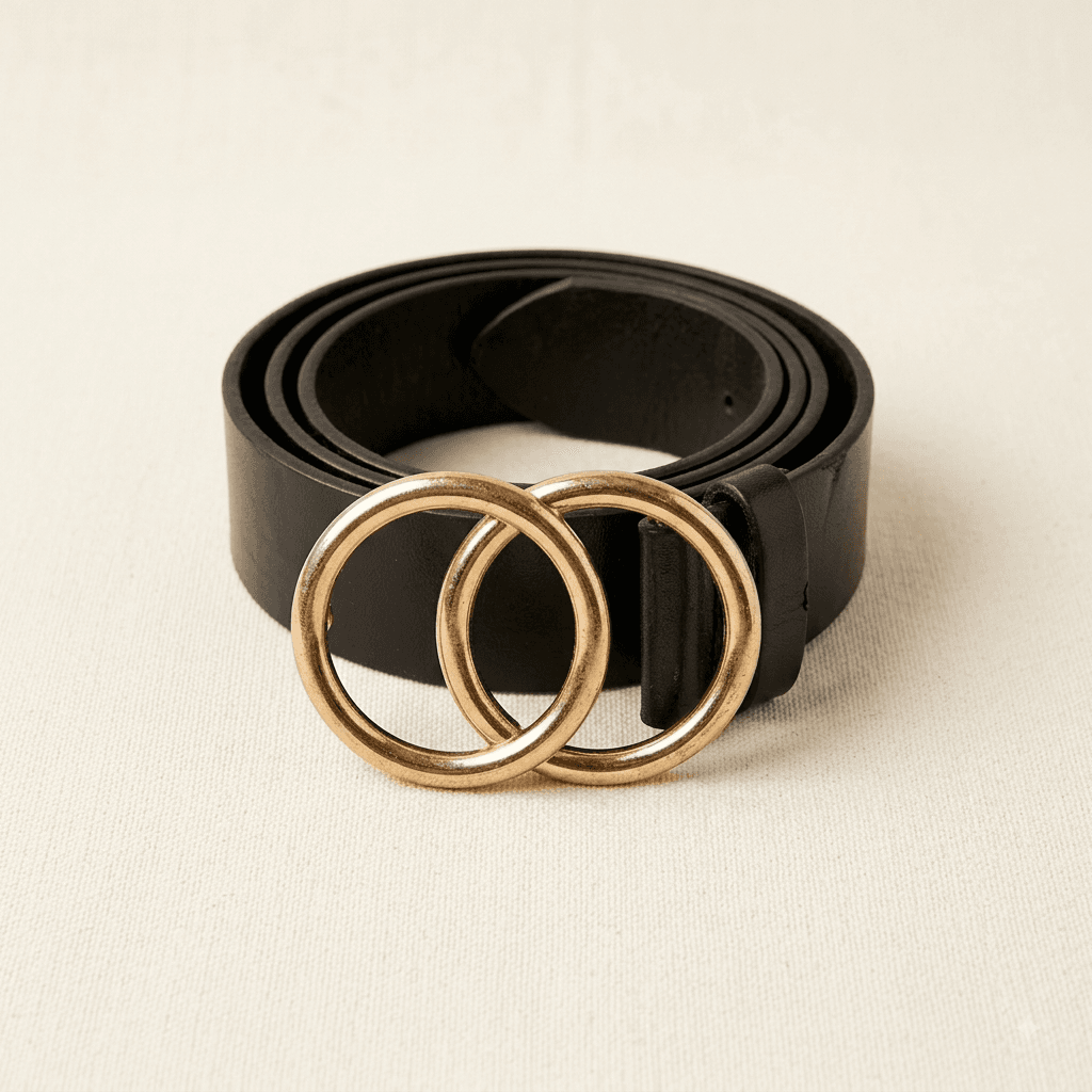 Classic Black Belt with Double Gold Ring Buckle