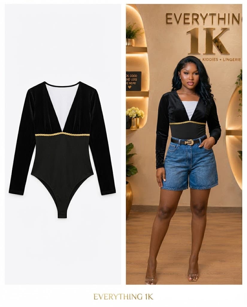 Black Velvet Deep V-Neck Long-Sleeve Bodysuit