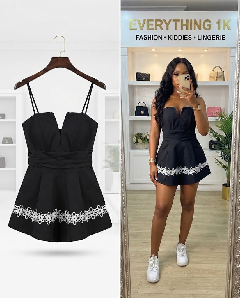 Black Embroidered Floral Hem Flared Romper