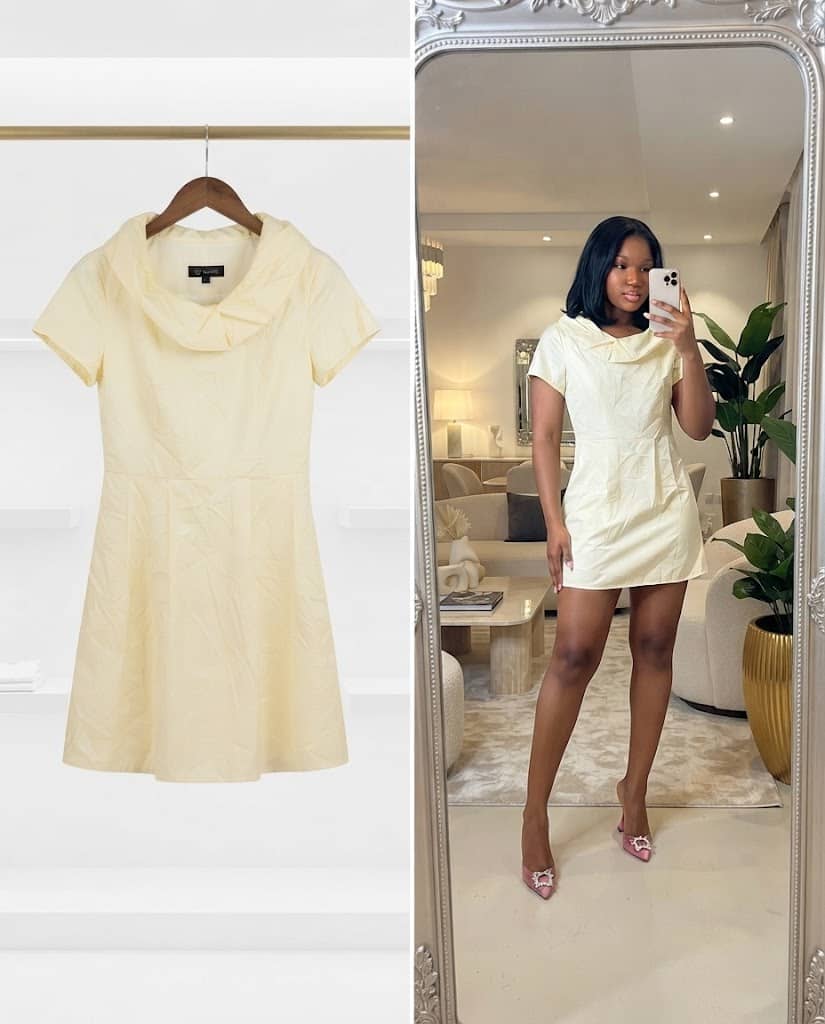 Pastel Yellow Cowl-Neck Short-Sleeve Mini Dress