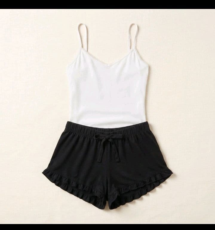 White Cami & Black Ruffle Hem Pajama Shorts Set