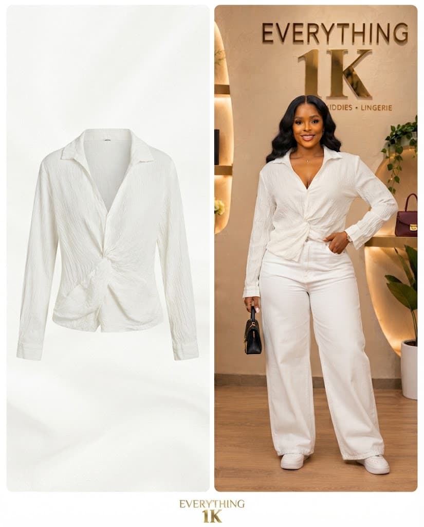 Casual White Crinkled Twist-Front Blouse