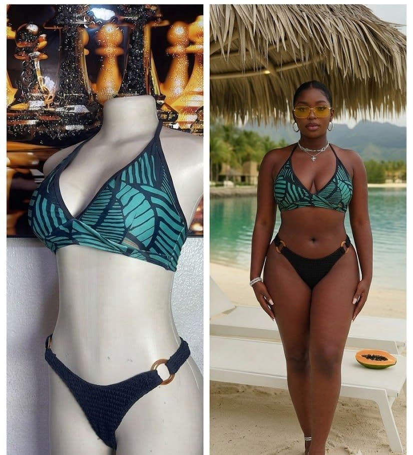 Green Leaf Print Ring-Accented Bikini Set