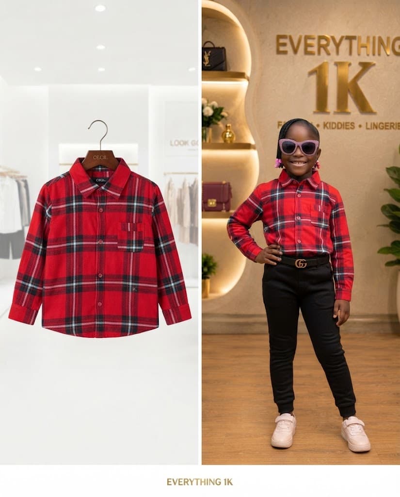 Red Plaid Button-Down Lounge wear Shirt (Ages 4-5)