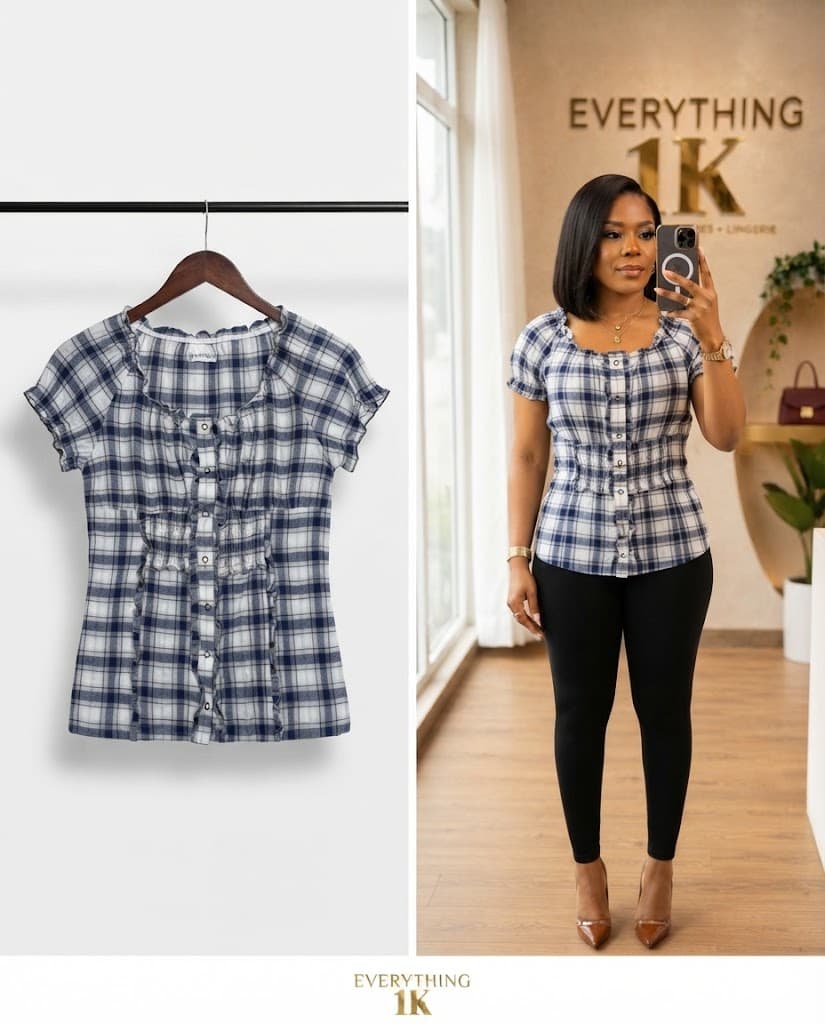 Navy and White Plaid Button-Front Top