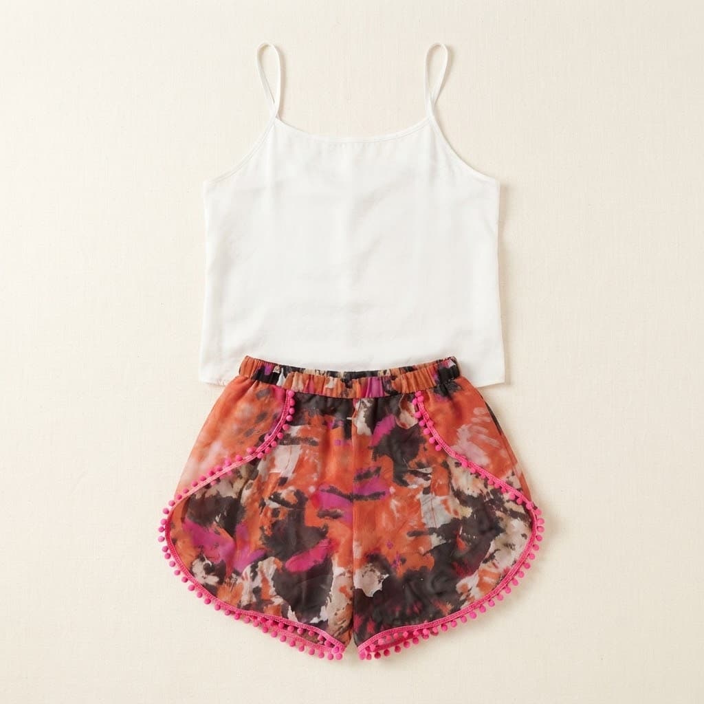 White Cami & Abstract Print Chiffon Shorts Set