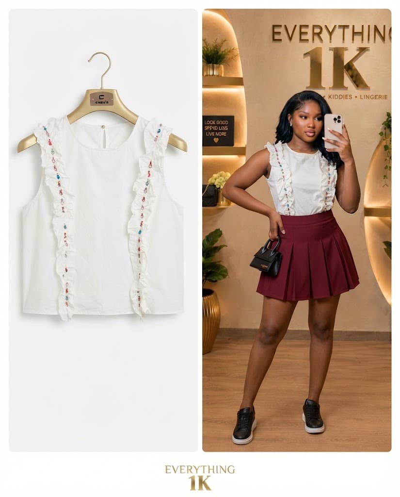 Party White Ruffled Sleeveless Gem-Trim Top