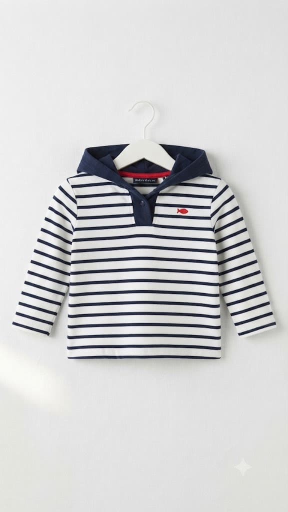 Preloved Striped Hooded Long-Sleeve Top with Fish Embroidery 12_34 month