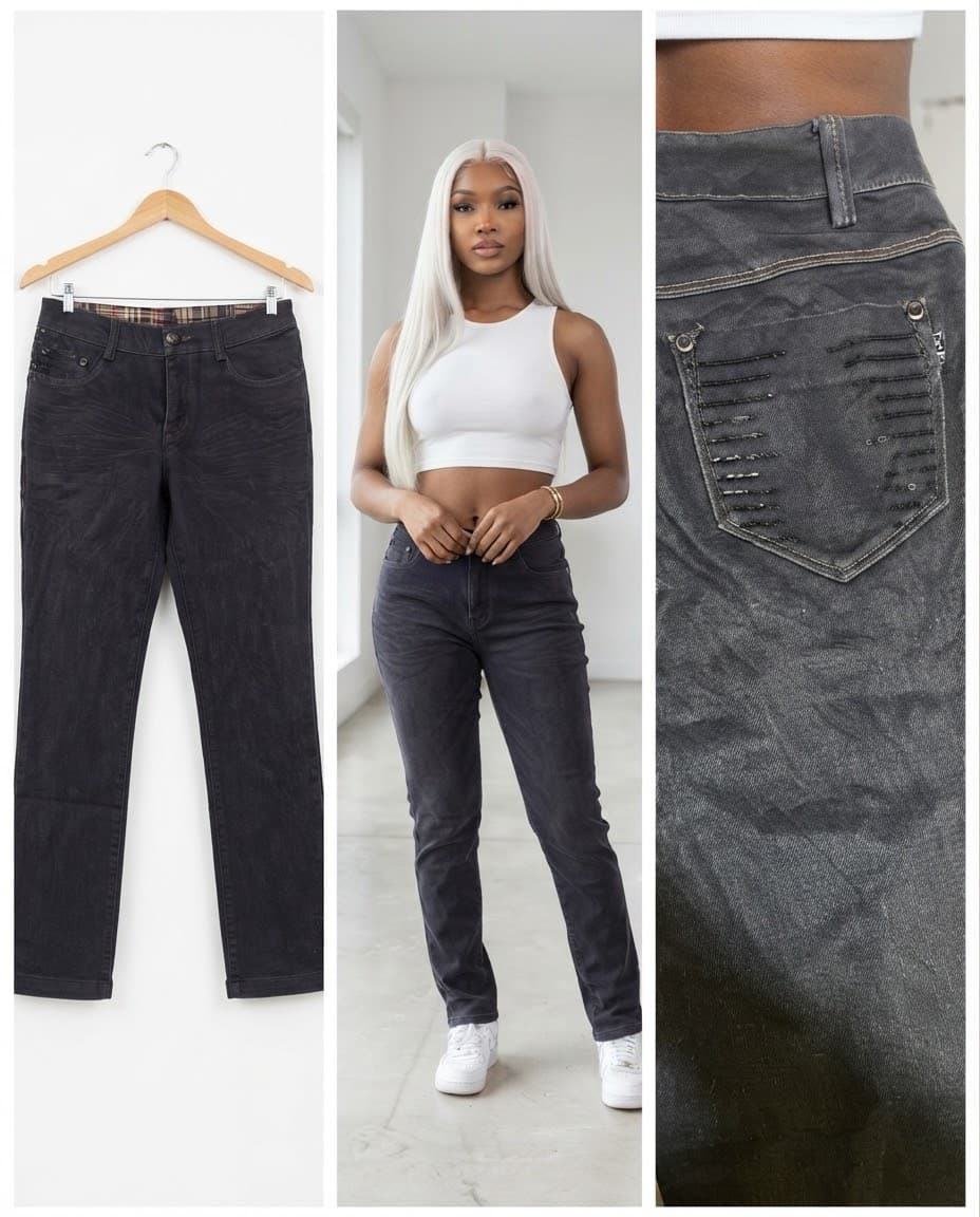 Plaid-Lined Cuffed Charcoal Jeans 28