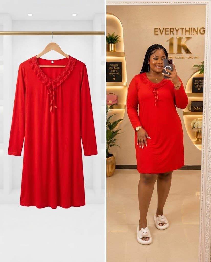 Red Long-Sleeve Nightshirt with Lace Trim