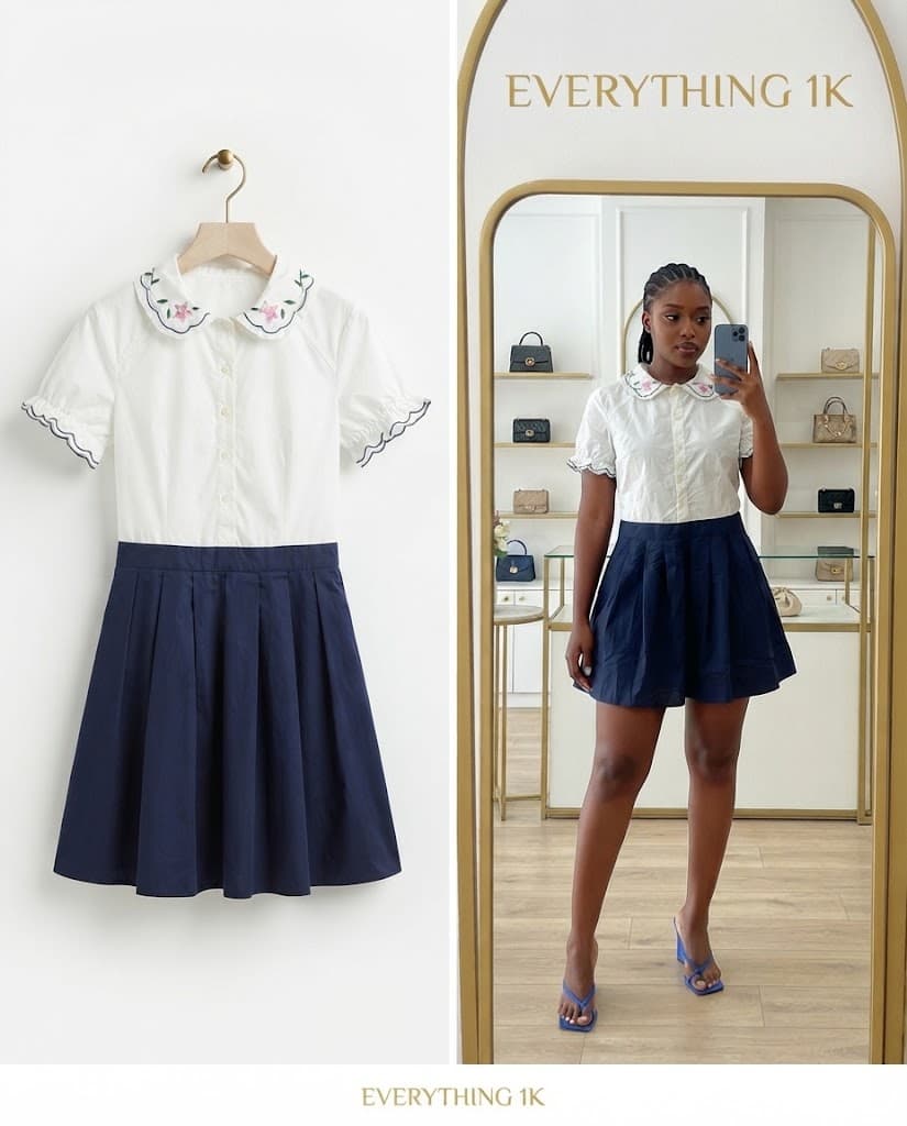 White Collared Blouse and Navy Pleated Skirt Set