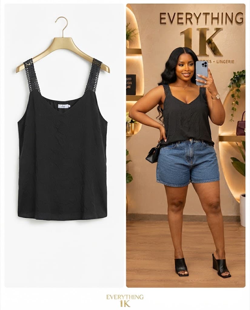 Casual Black Crinkled Cami Top with Lace Straps