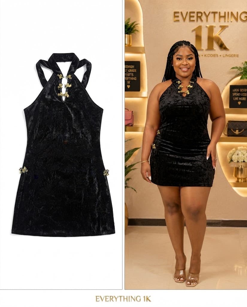 Black Crushed Velvet Halter Dress with Gold Knots