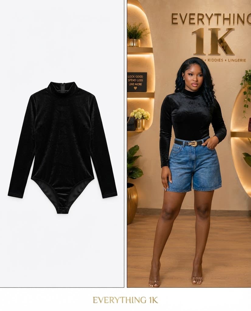 Black Velvet Mock Neck Long-Sleeve Bodysuit