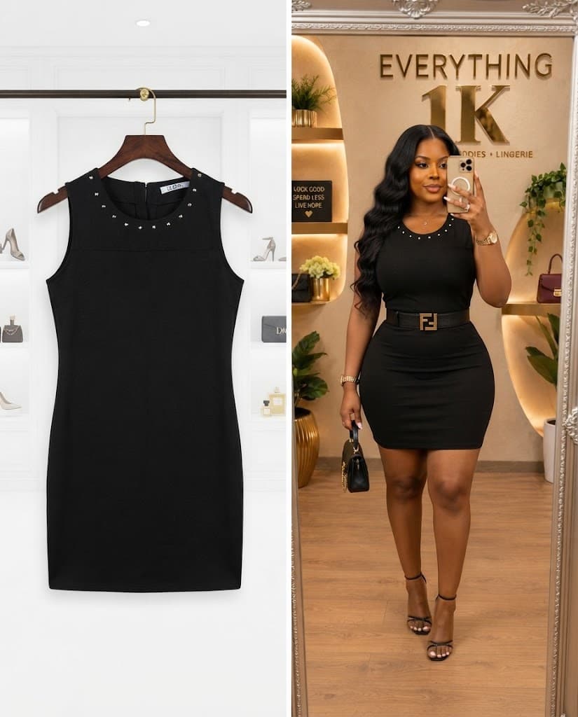 Black Sleeveless Mini Dress with Studded Neckline