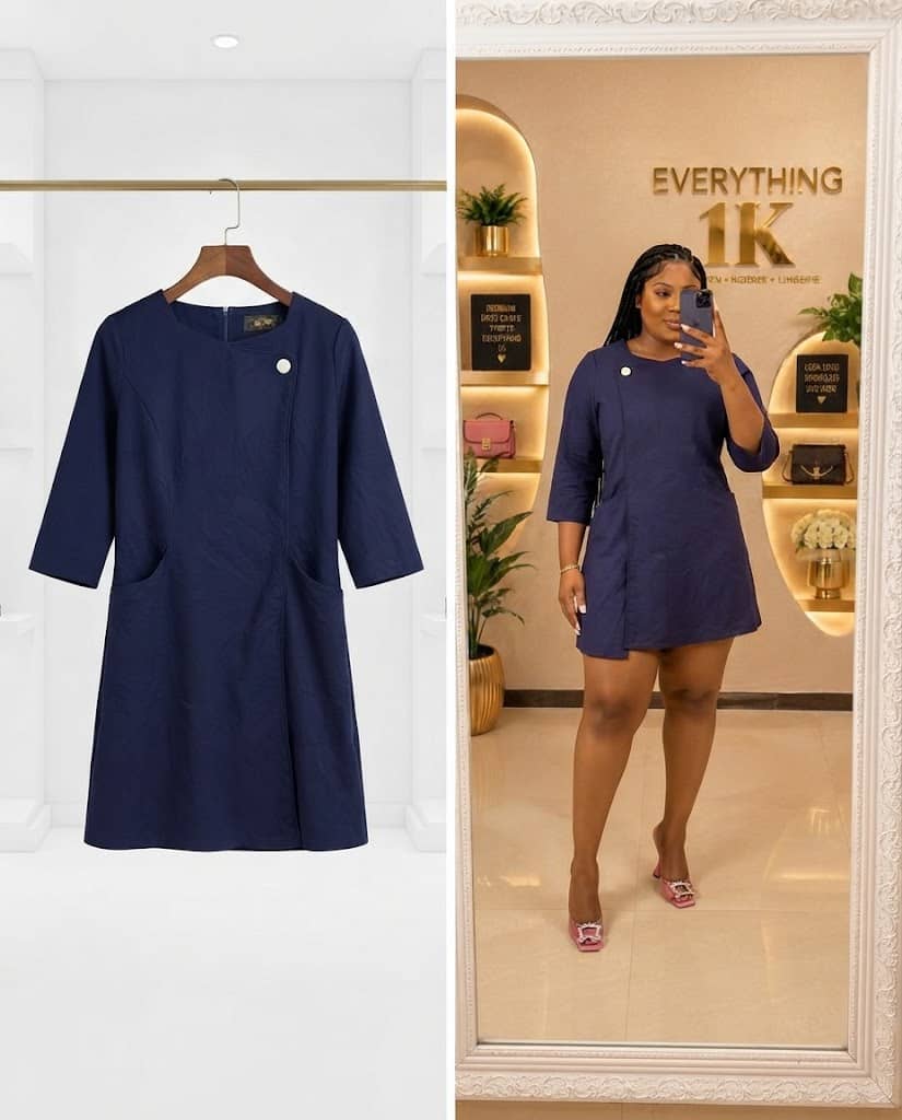 Navy Blue Three-Quarter Sleeve Asymmetric Button Dress