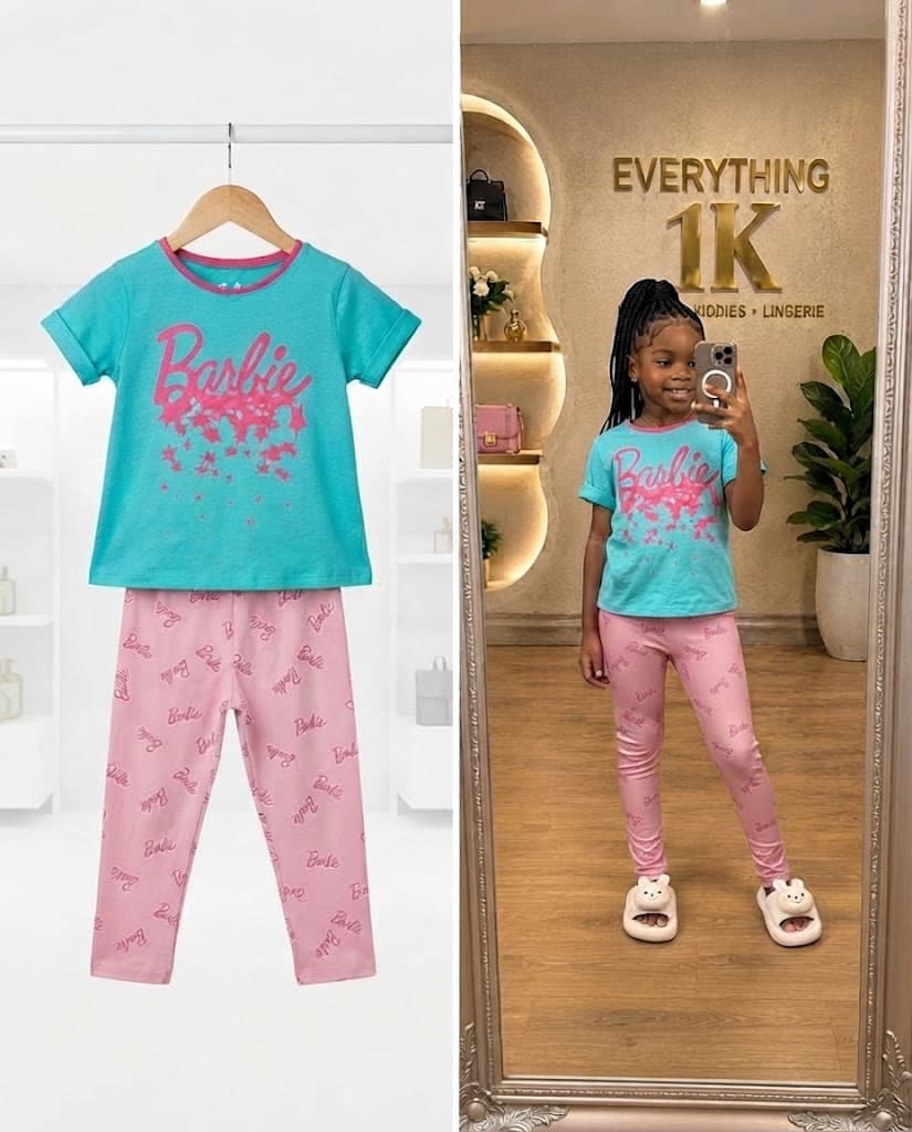 Girls Two-Piece Turquoise "Barbie" Graphic Tee and Pink Legging Set 3-5years